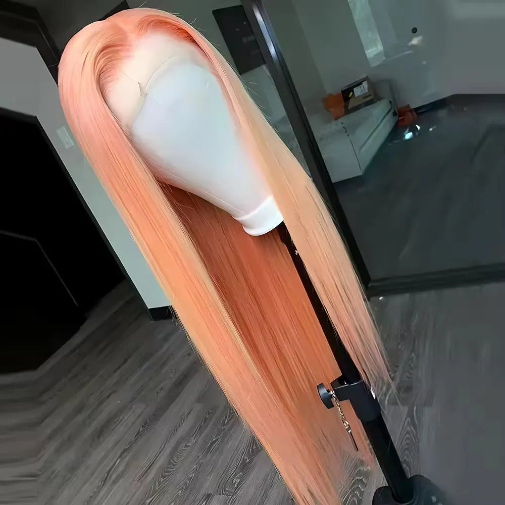 Light orange long straight front lace wig made from high-temperature fibre