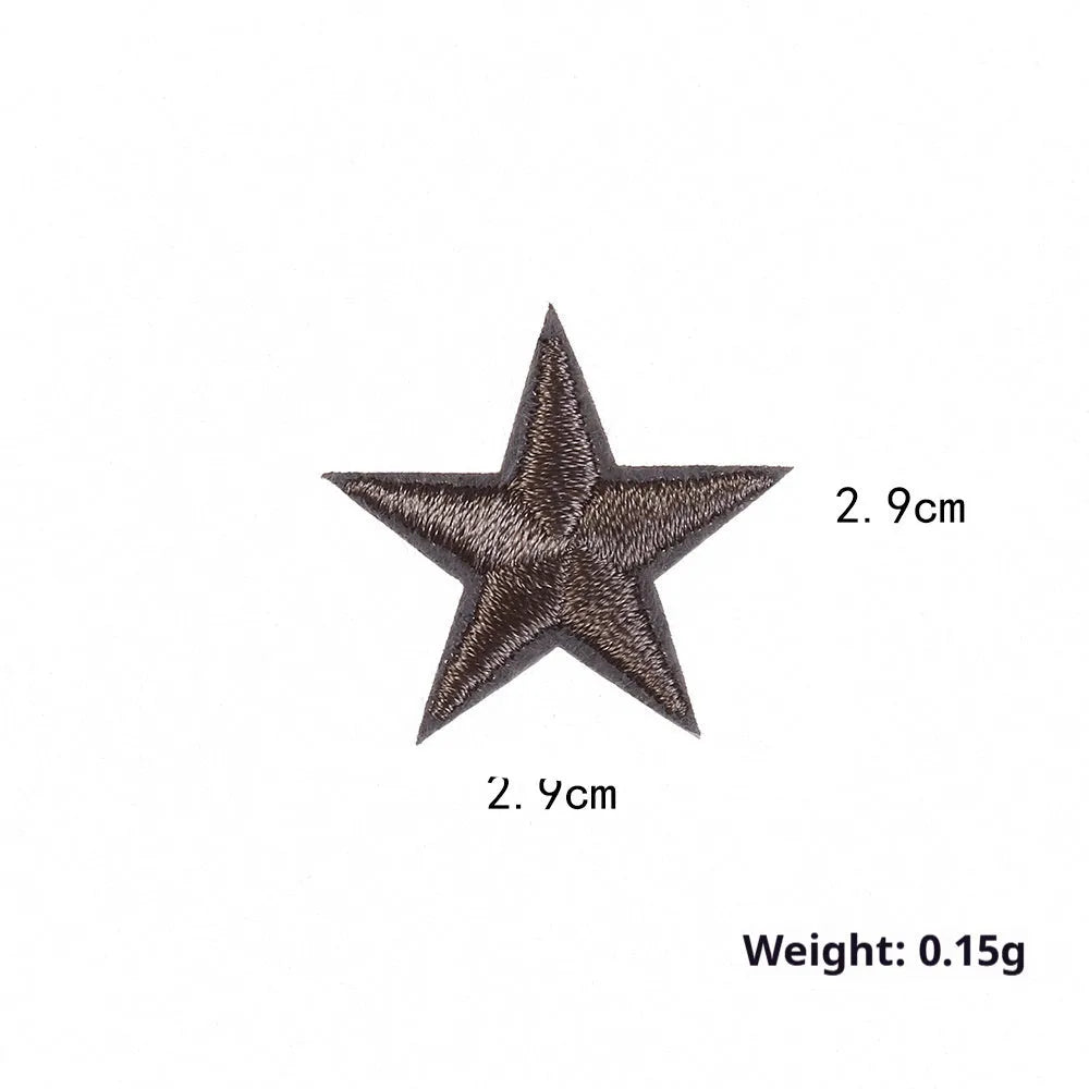 Colourful embroidered five-pointed star designs on cloth sticker labels for DIY clothing customisation.