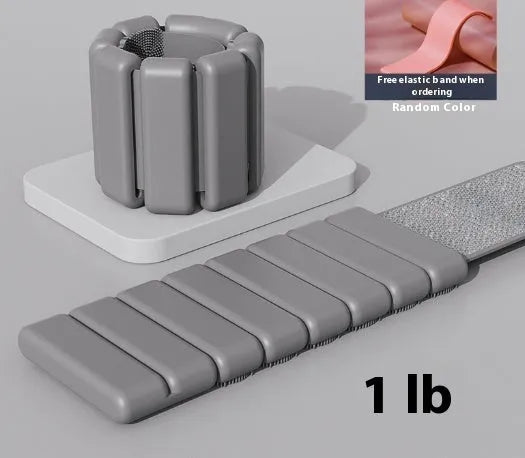 Silicone fitness bracelet with Velcro strap shown in pink, black, grey, and blue colours, with 1lb and 2lb weight options.