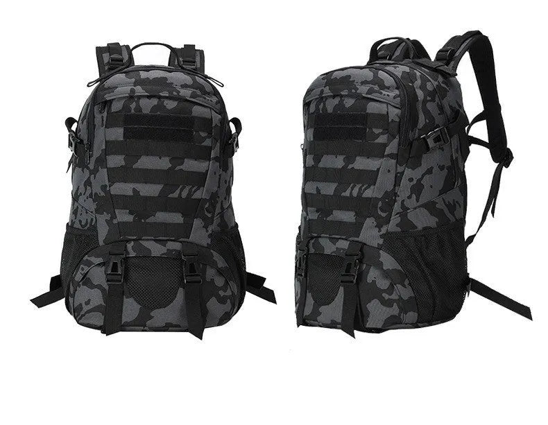 Outdoor mountaineering backpack in Oxford cloth with air pillow belt system shown in camouflage colour