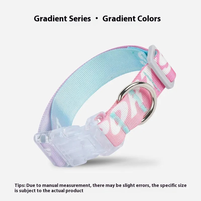 Nylon dog collar with cartoon gradient pattern showing adjustable sizing and panda green colour option