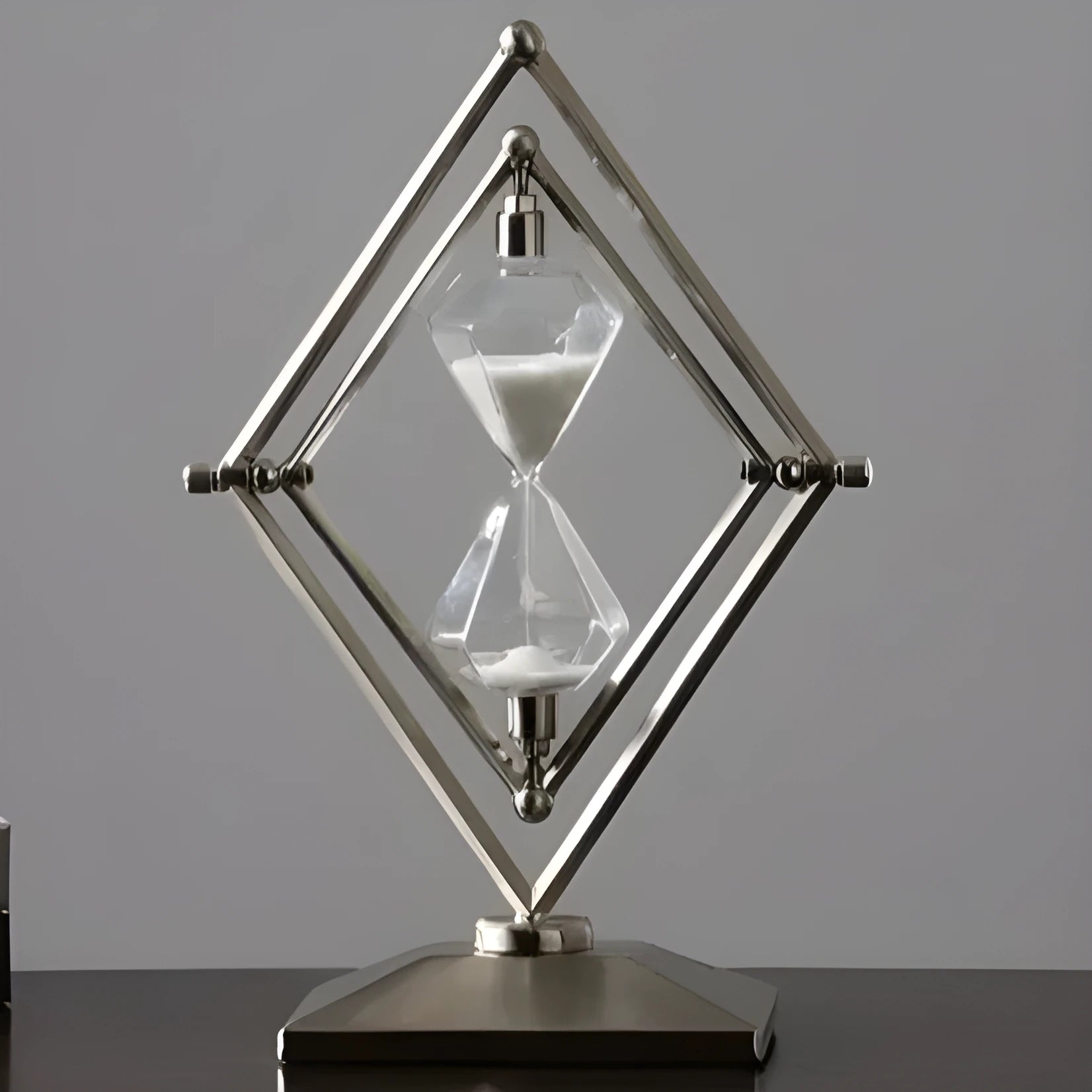 Metal-framed glass hourglass sand timer in bronze or silver with white or black sand