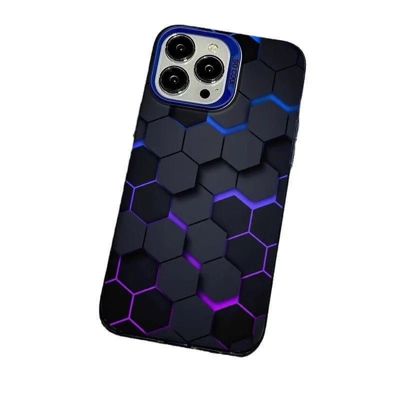 Frosted protective phone case for Apple iPhone with honeycomb square design in moonlight colours.