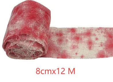 Red and white dyed bloody gauze bandage roll for Halloween costume horror prop decoration