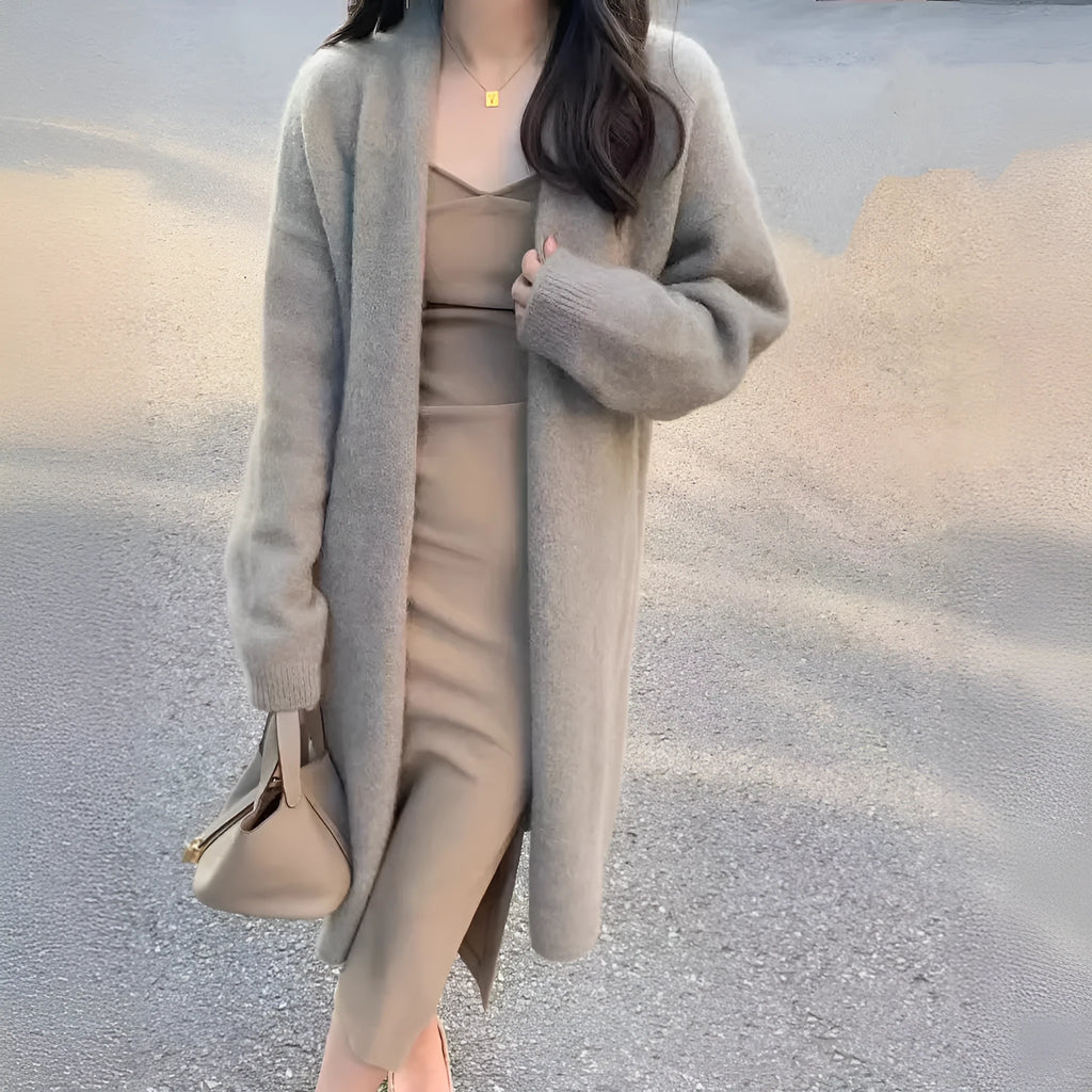 Women's V-neck knitted cardigan in khaki colour with long sleeves and mid-length cut