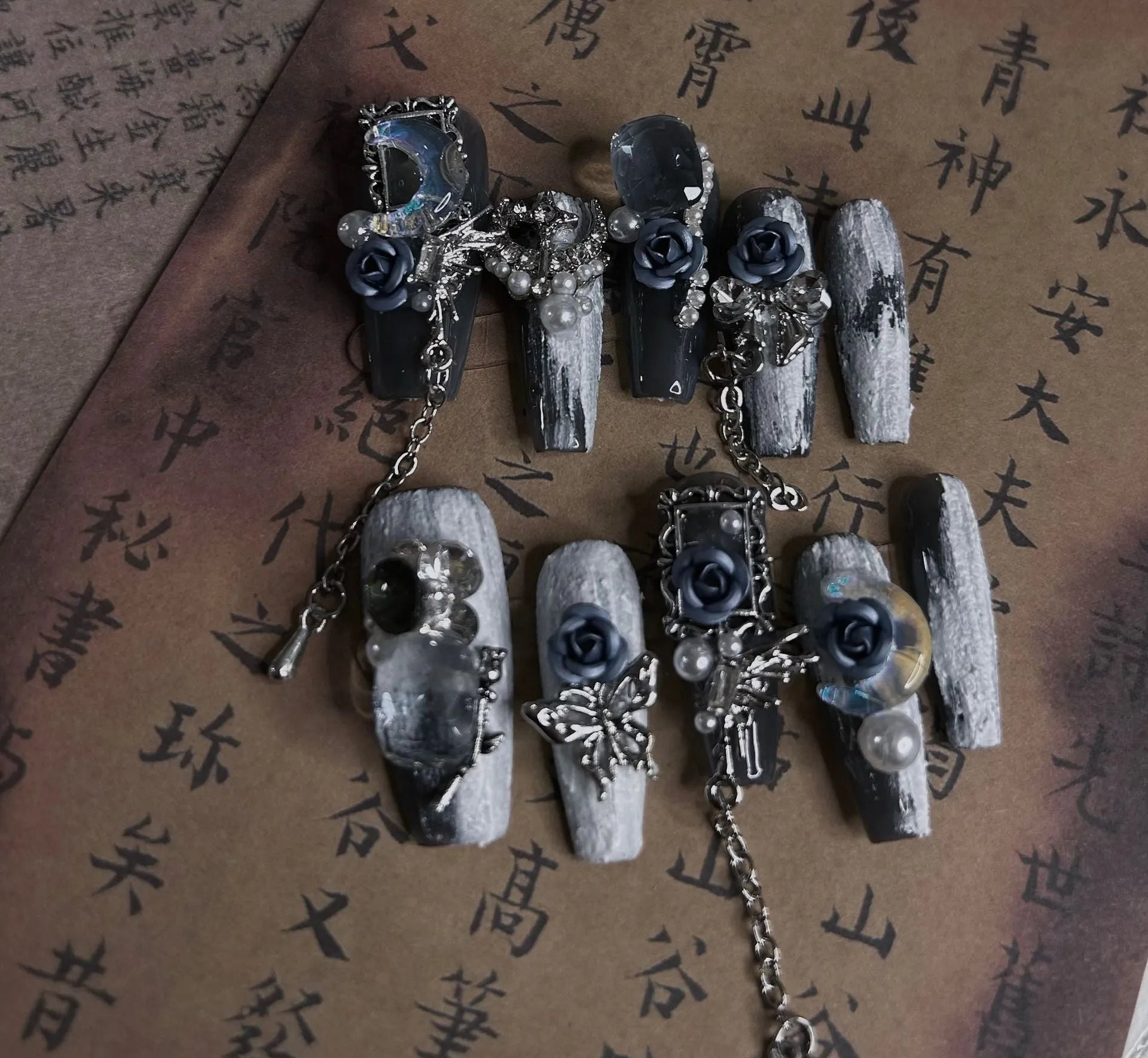 Heavy industry blue night nail stencils with ornate rose, tulip and flower patterns in plastic armour suit