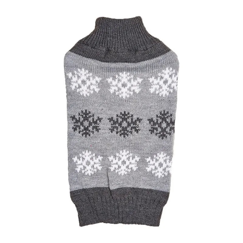 Dark brown and grey knitted dog sweater with snowflake patterns, size label shown.