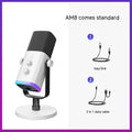 Dynamic noise reduction microphone in black, pink, or white with XLR cable and desktop base.