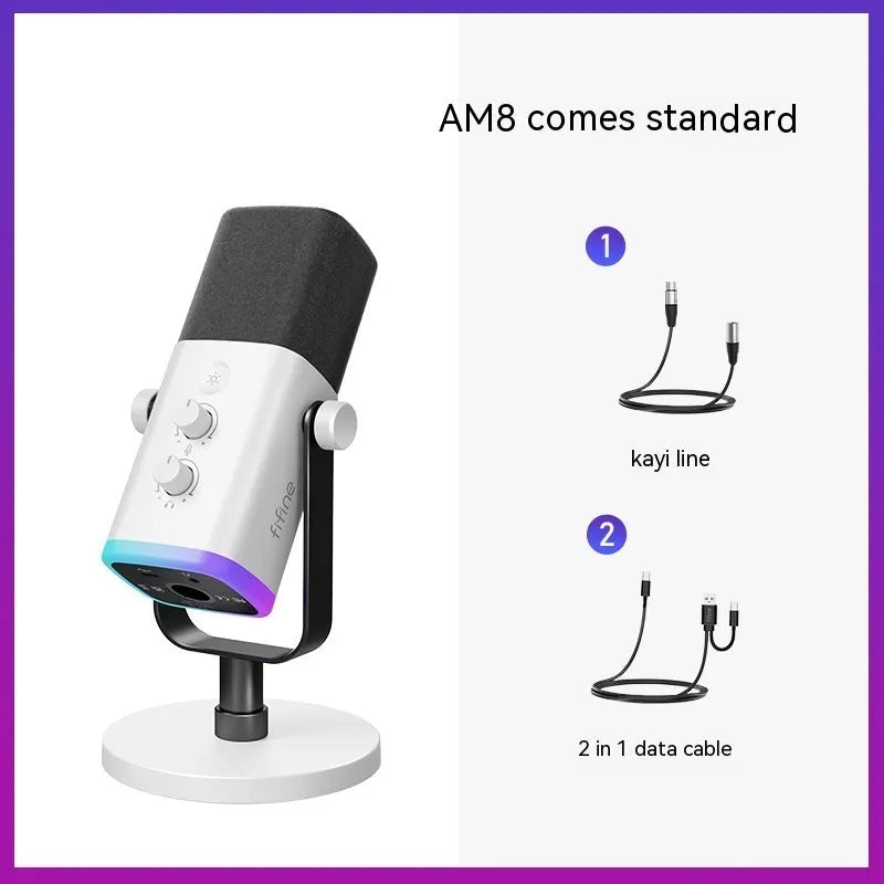 Dynamic noise reduction microphone in black, pink, or white with XLR cable and desktop base.