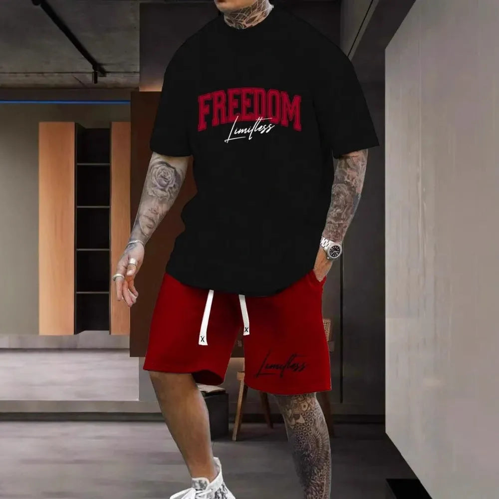Men's 3D printed personality letter short sleeve top and shorts set in sports leisure style