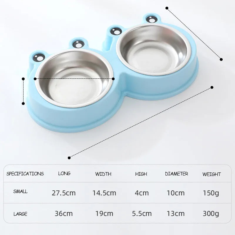 Stainless steel frog-shaped double bowl for pet food and water in blue, green, or pink.