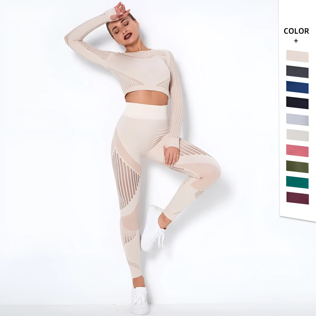 Women's long-sleeved seamless knitted yoga wearsuit in a black stripe pattern