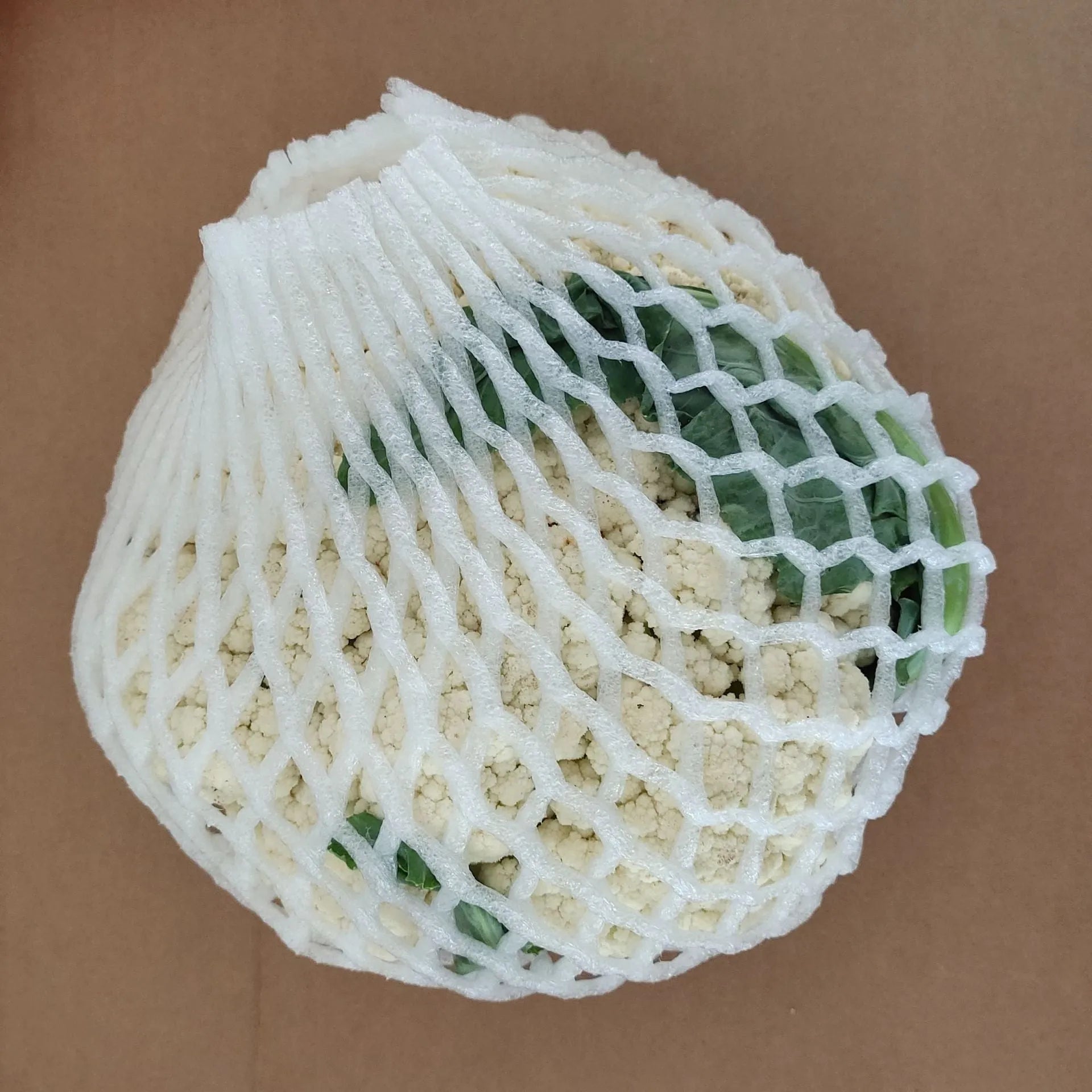 White foam and elastic net protective case for fruits, shown with size options for apples and pears.