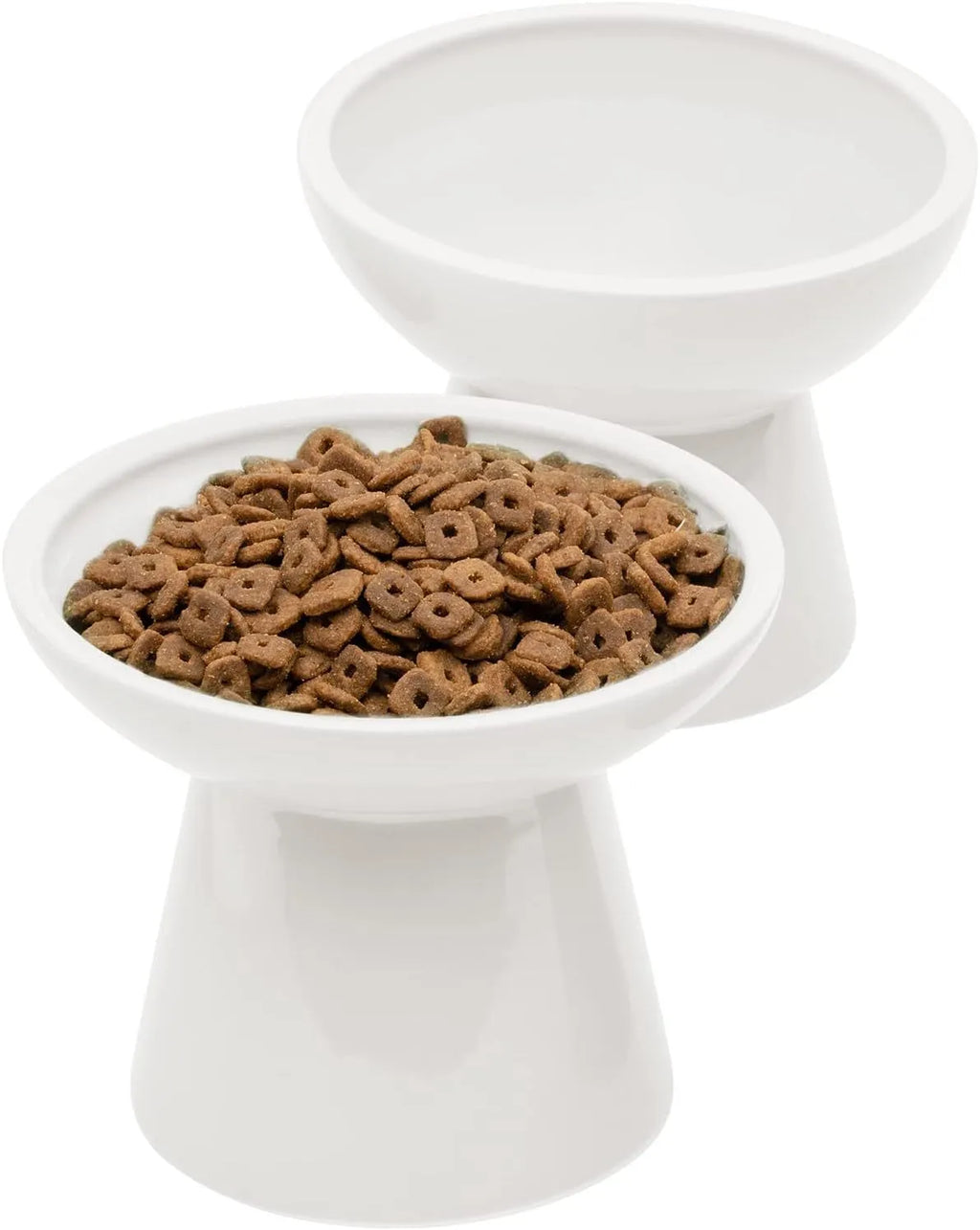 Blue ceramic elevated cat food bowl with wide shallow design next to a matching water bowl.