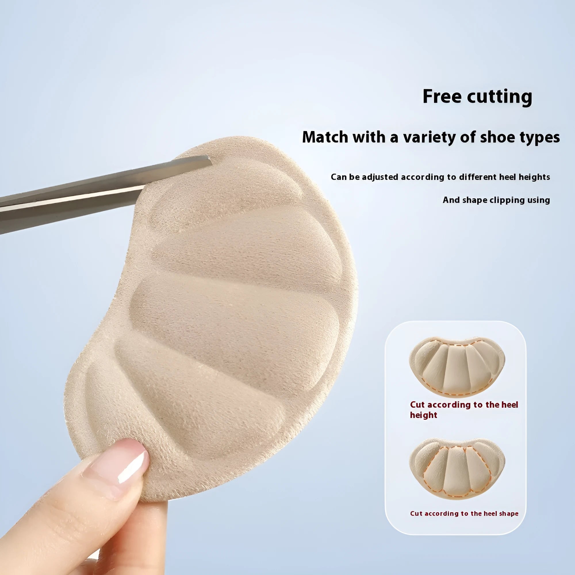 Camel-coloured suede anti-blister heel cushion pads with adhesive backing.