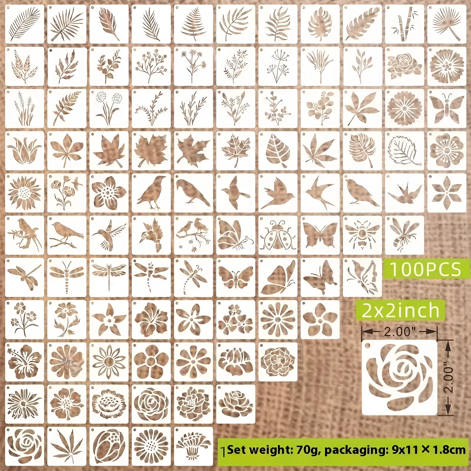 Milky white PET film stencil templates showing flower, leaf, ocean, animal, and letter designs for spray painting