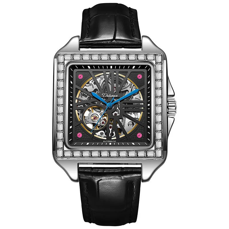 Men's square automatic watch with diamond accents and steel belt in black and white colour options