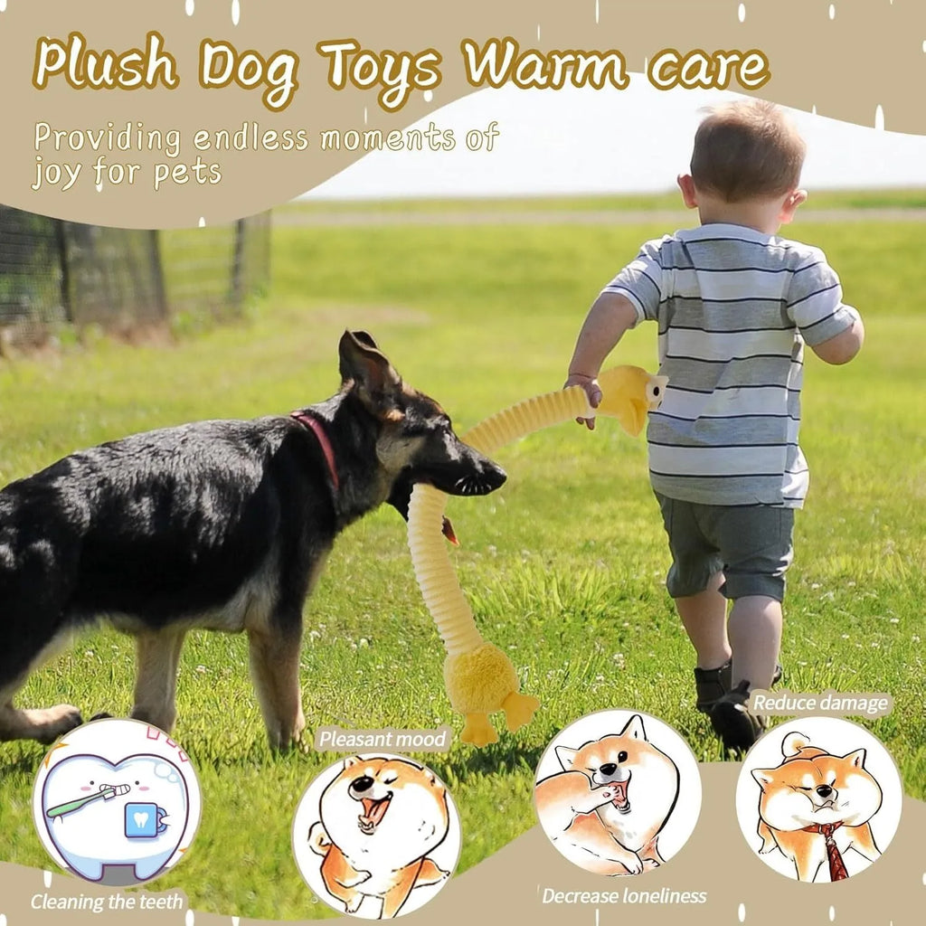 Plush squeaky dog toy with crinkle paper interior in brown, grey, and yellow colours