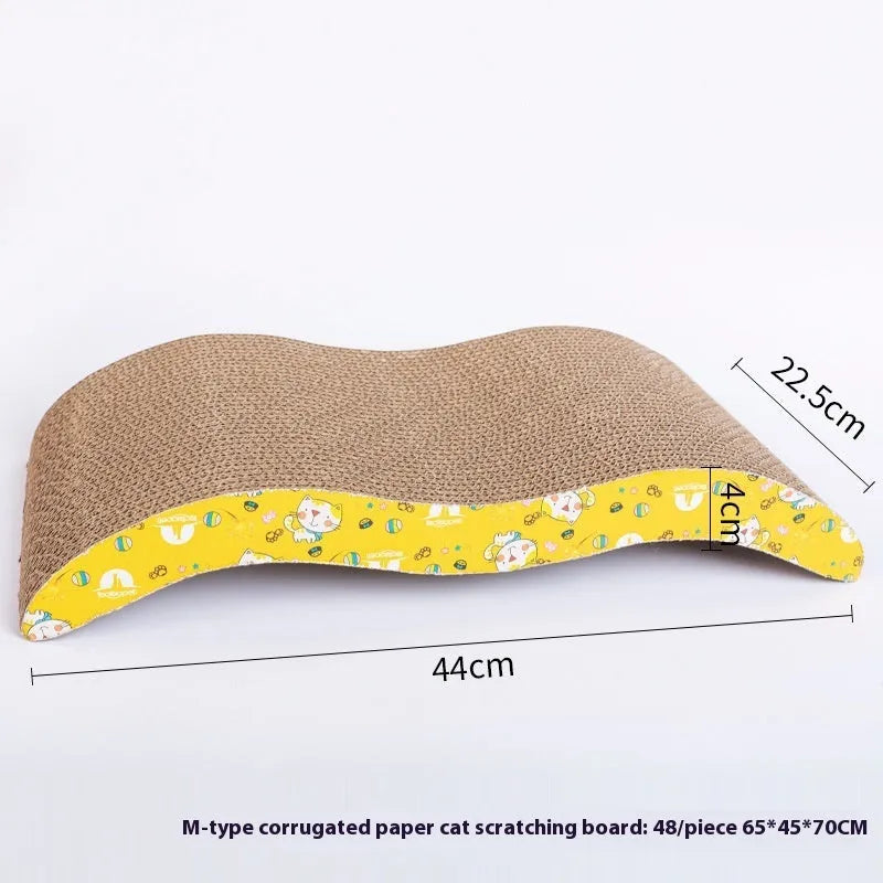 Corrugated paper cat scratch board showing bone-type, M-type, and trapezoid shape options