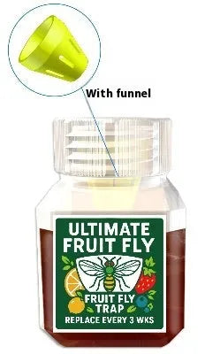 Bottle of fruit fly bait liquid with specification options for indoor pest control