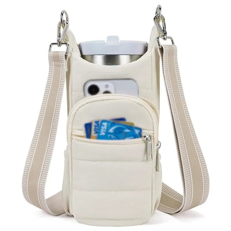 Bicycle-mounted water bottle bag in black pink or beige cloth with modern simplicity design