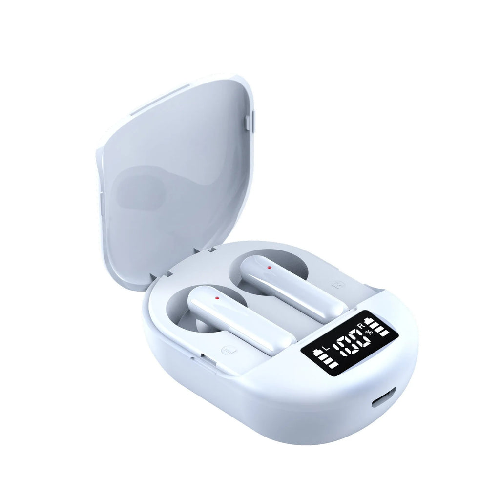 Black and white wireless Bluetooth headphones with digital display and charging case