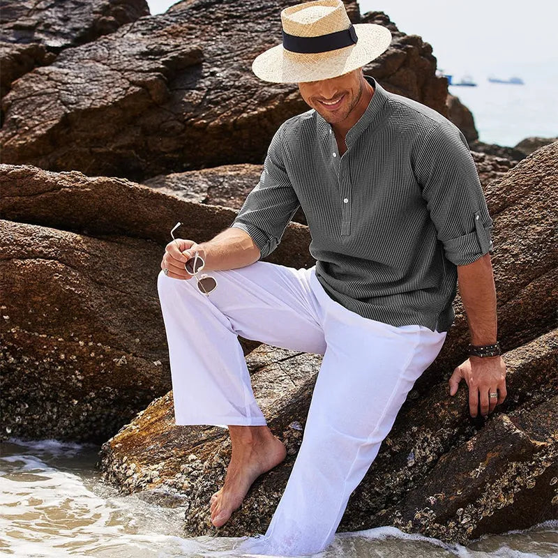 Men's casual shirt with stand collar, long sleeves, and solid colour design in khaki