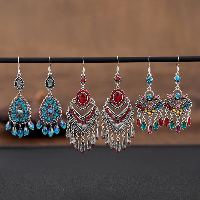 Long purple fringe drop earrings with retro crystal ethnic style design and alloy construction