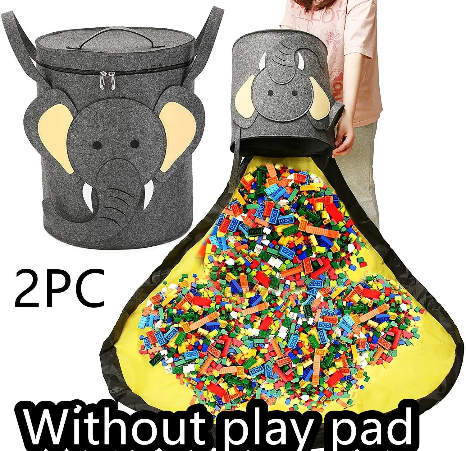 Green felt cube storage bag with a pull rope, laid flat as a play mat.