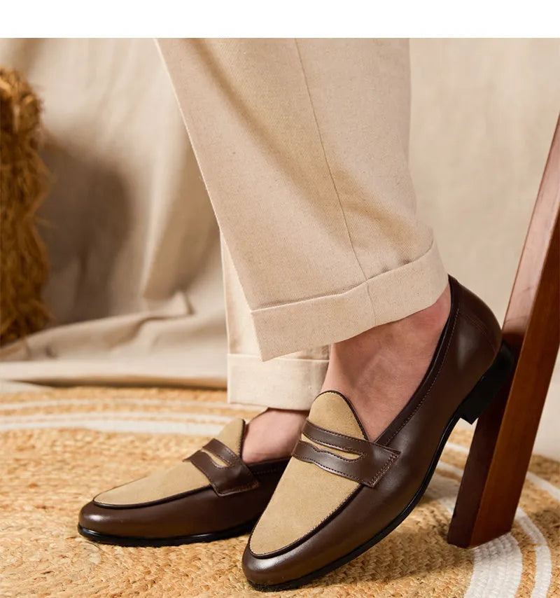 Coffee grey suede leather British-style loafers with one foot kick closure