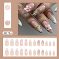 Plastic French style fake nails with rock pattern and removable flower patches, colour W1764 Simple Flowers.