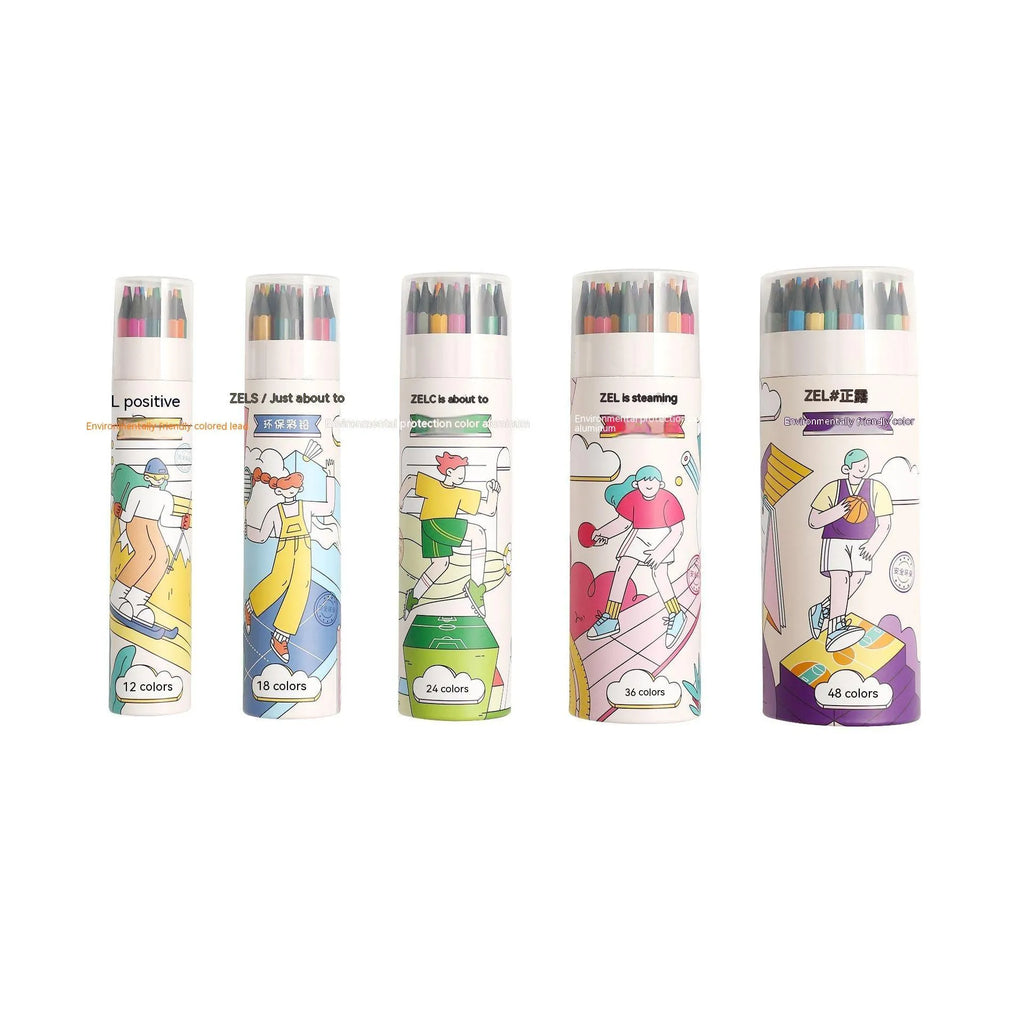 Zhenglin Sports Series coloured pencils set in a paper barrel, showing multiple colour options.