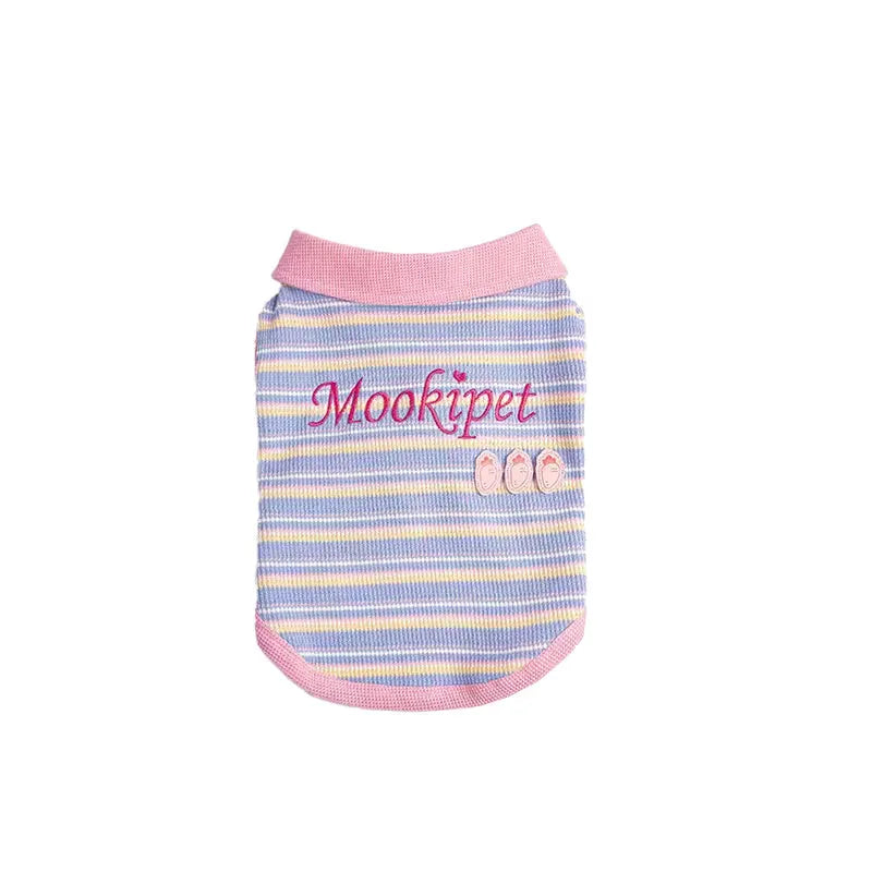 Pink purple vest for small dogs and cats with size chart showing seven weight ranges
