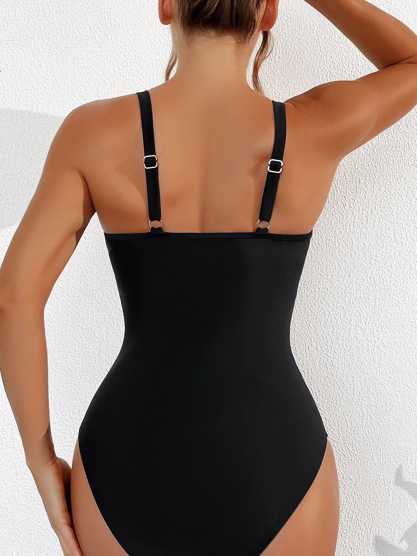 Black mesh halter one-piece swimsuit with briefs cut and sleeveless design
