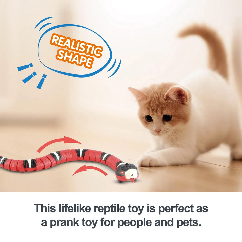 Smart sensing electronic snake cat toy with segmented plastic body and USB charging cable.