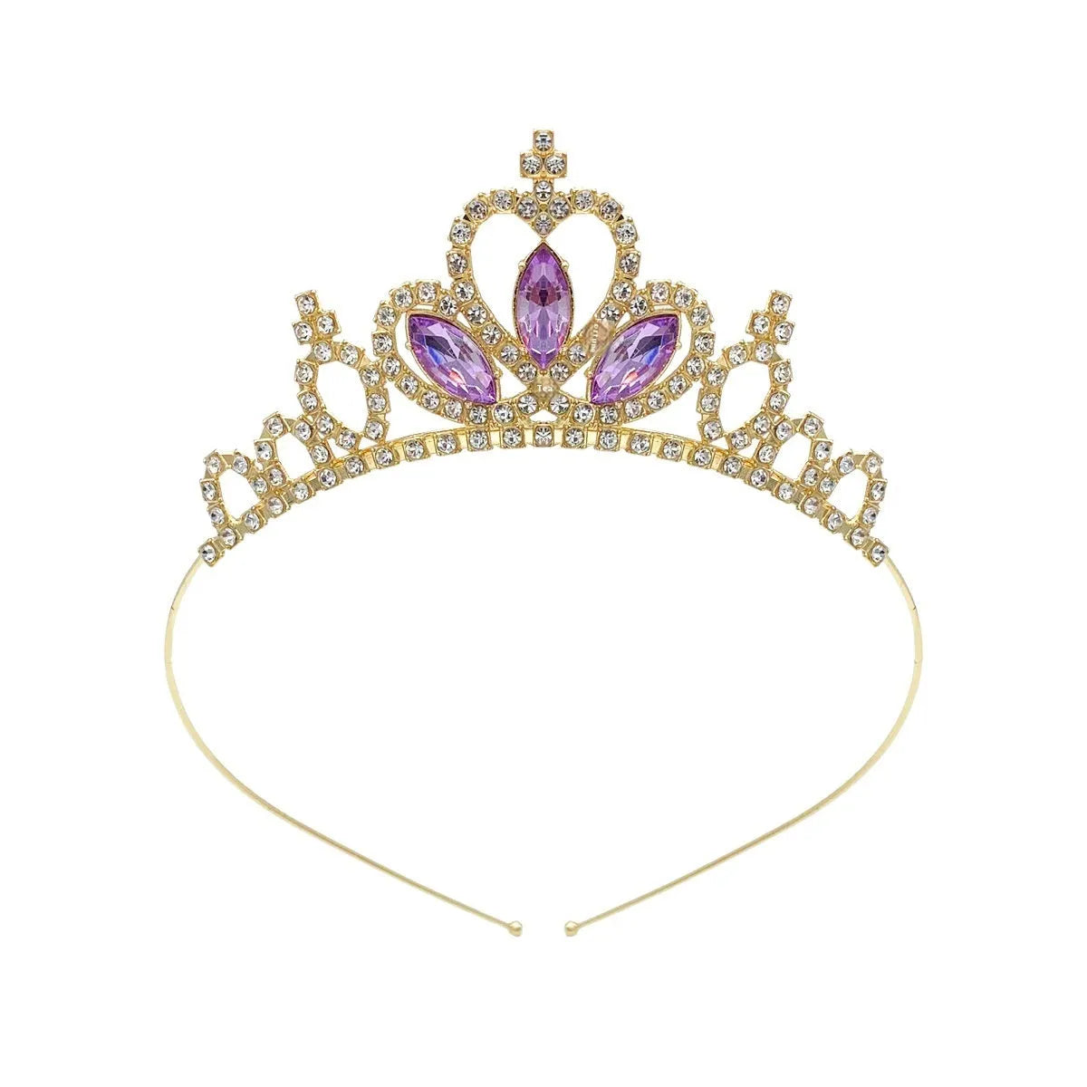 Gold electroplated alloy princess crown headdress with diamond-like decorations for birthday parties