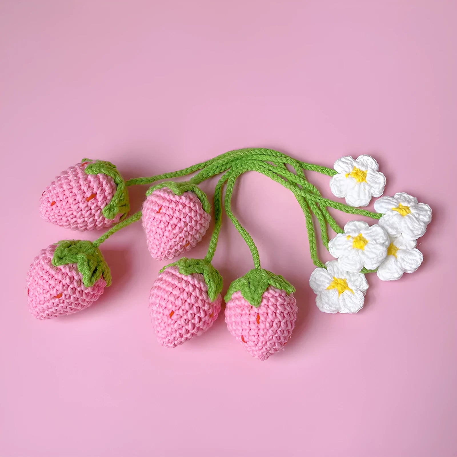 Handmade wool crochet strawberry pendant with 35cm cord in pink or red colour