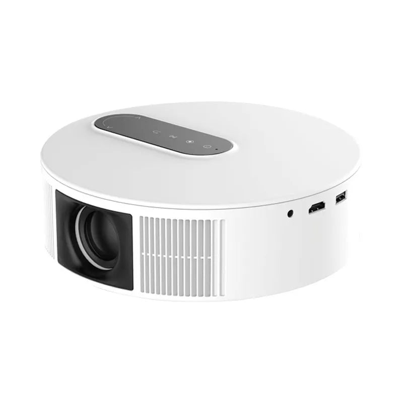White HD home theatre projector with remote control on a table