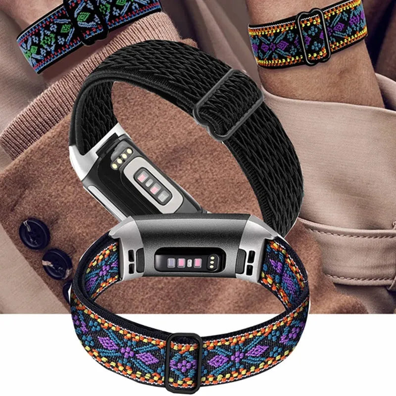 Nylon elastic strap with metal toe cap for Fitbit Charge 3/4/5/6, black colour, simple design