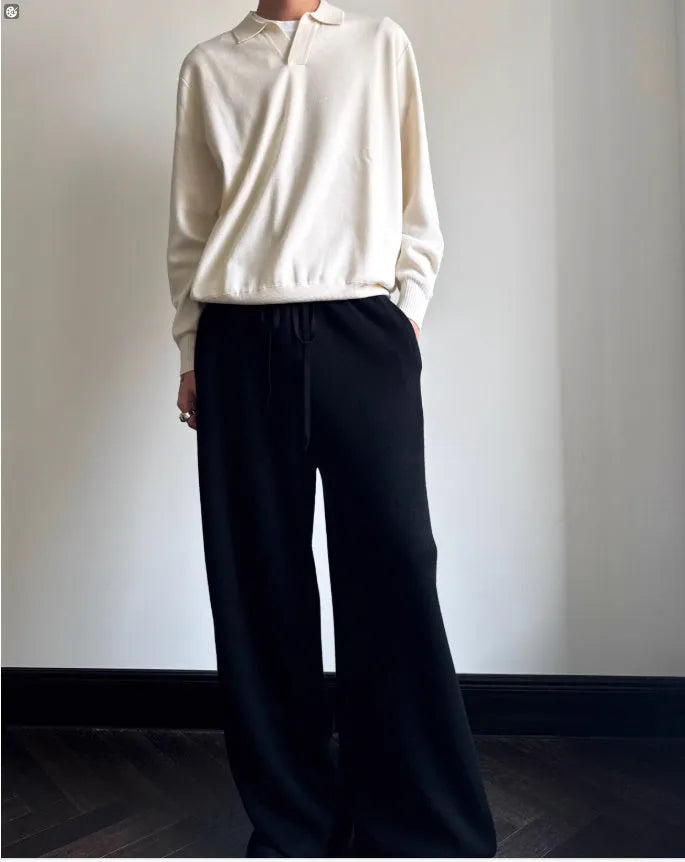 Pure wool POLO sweater with lapel collar and long sleeves in milky white colour