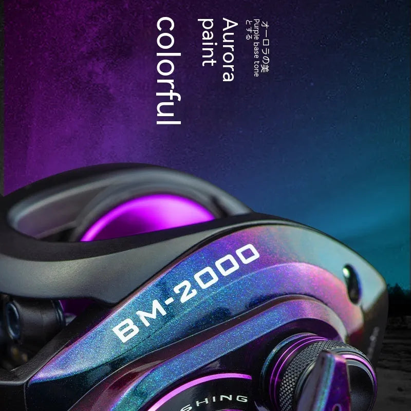 BM2000 fishing reel model showing magnetic brake system, available in left-hand and right-hand versions.