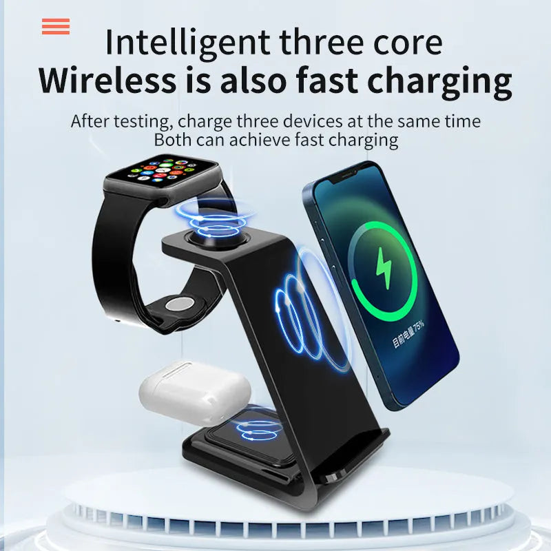 White 3-in-1 upright wireless phone charger with dual coils and Type-C cable on desk