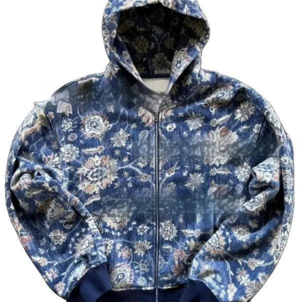 Men's blue hooded loose zip coat with digital printing shown with long sleeves and casual styling