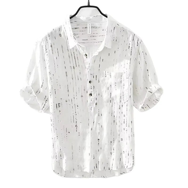Men's black and white short-sleeved polo shirt with lapel collar and loose cardigan fit