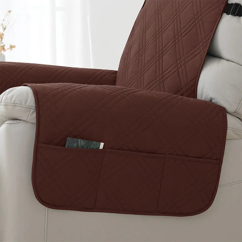 Quilted burgundy waterproof sofa cover fitted on a Chivas massage chair, American country style.