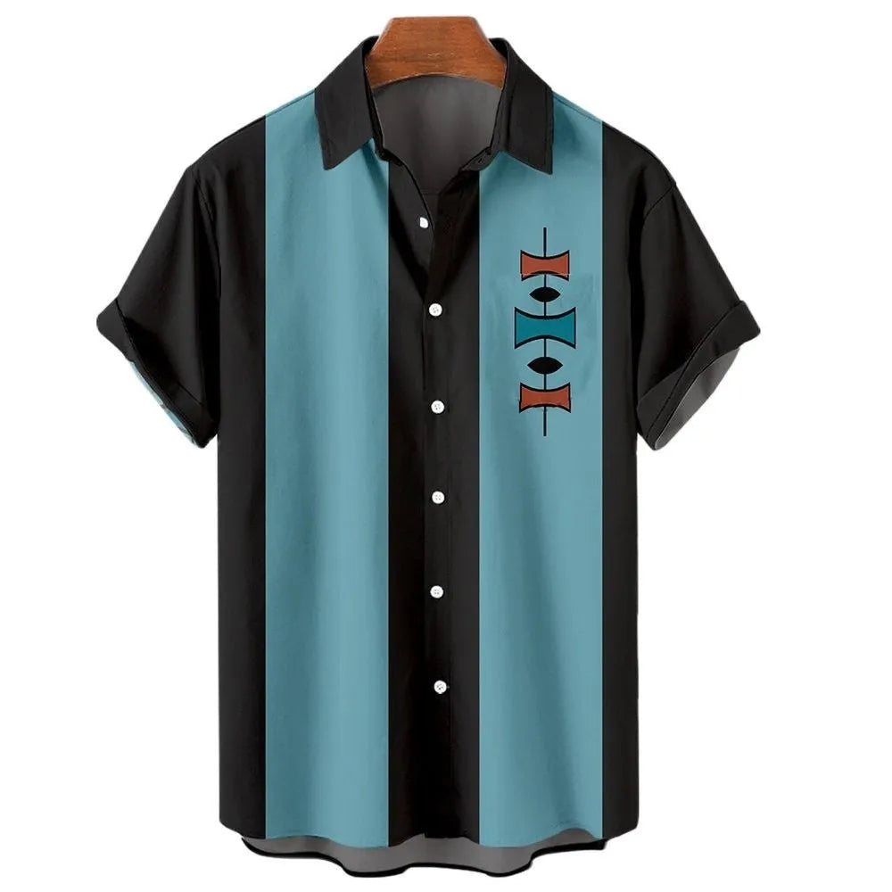 Man wearing a striped short-sleeve Hawaiian shirt made from elastic polyester fabric.