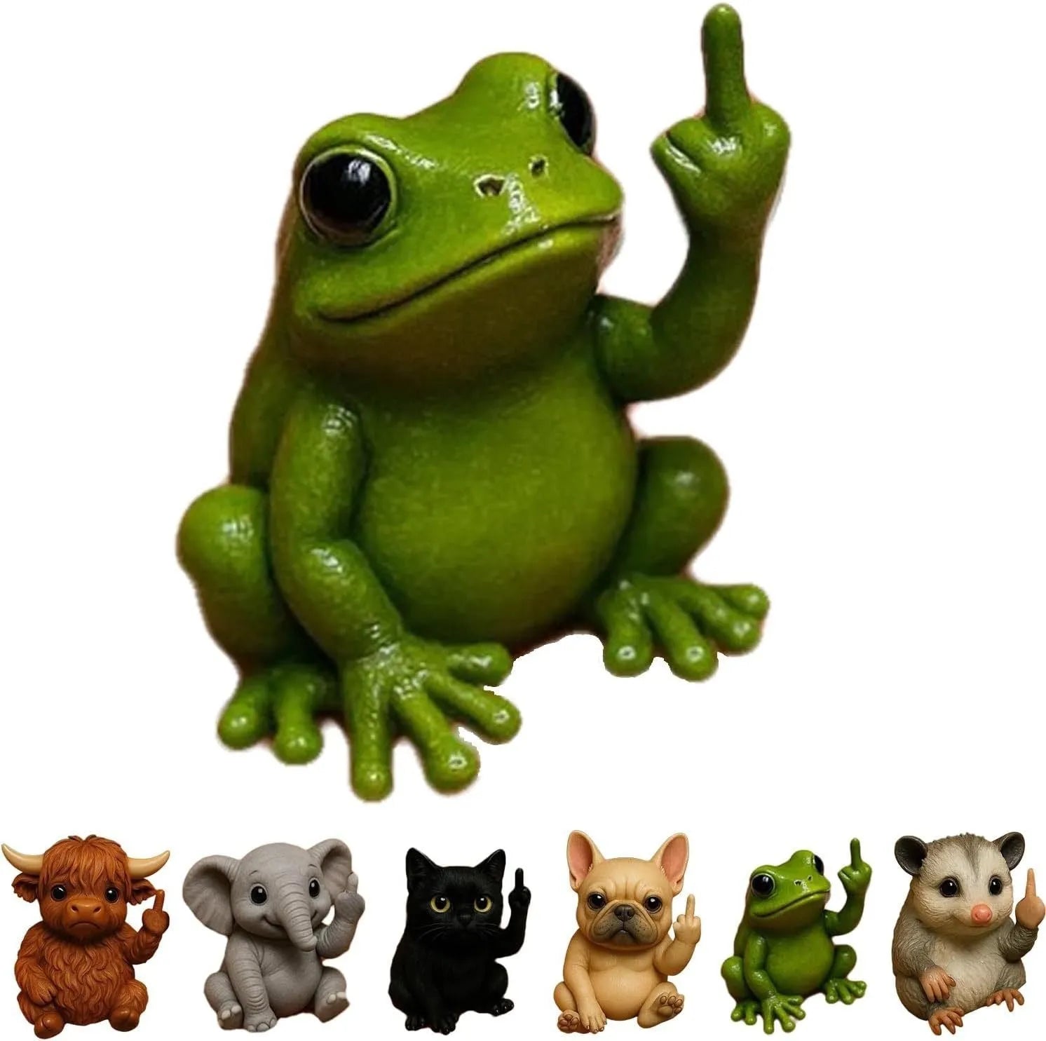 Mini resin animal middle finger ornament doll showing vertical gesture, available in seven animal styles