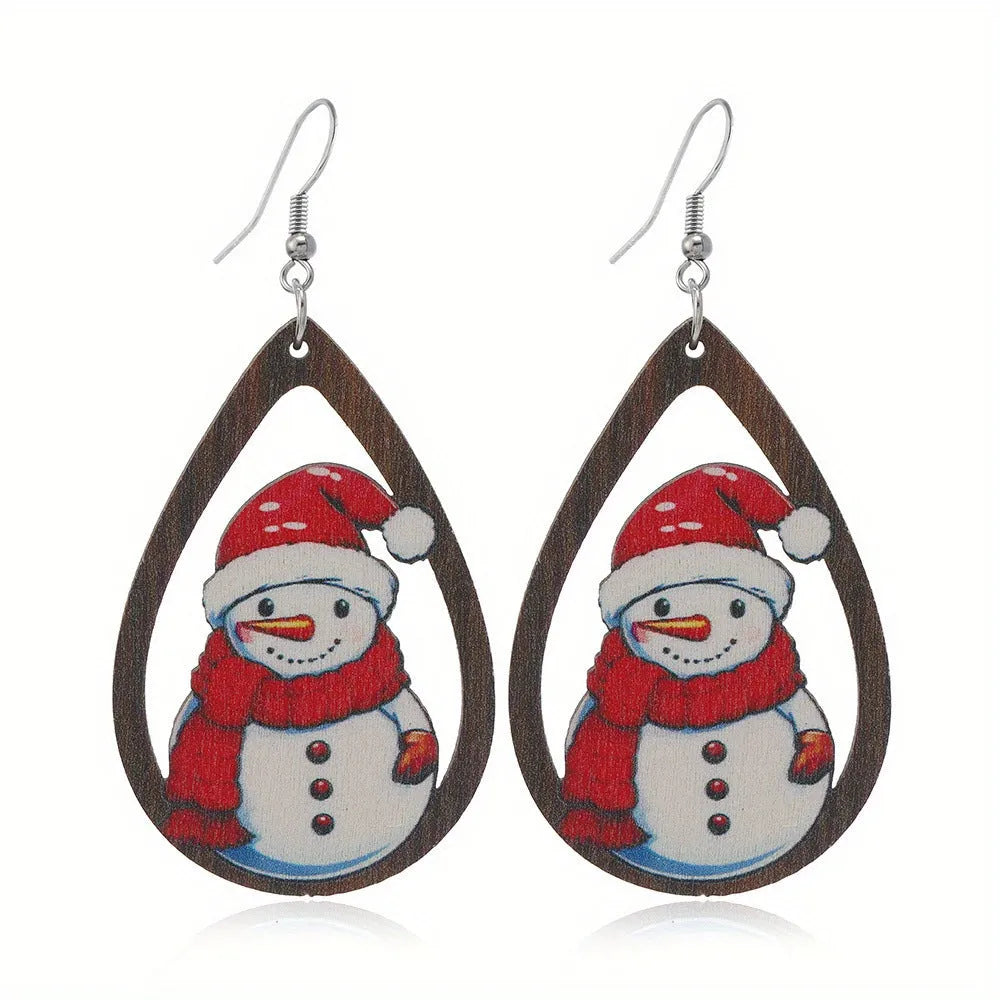 Women's wooden Christmas earrings with geometric tree and snowman shapes featuring Santa Claus elements