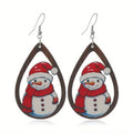 Women's wooden Christmas earrings with geometric tree and snowman shapes featuring Santa Claus elements