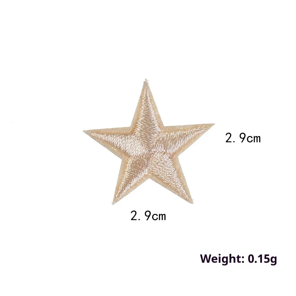 Colourful embroidered five-pointed star designs on cloth sticker labels for DIY clothing customisation.
